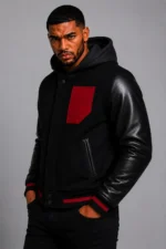 Shop Black Hooded Varsity Jacket Black Leather Sleeves Red Chest Patch