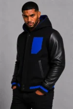 Shop Black Hooded Varsity Jacket Royal Blue Leather Sleeves Blue Patch