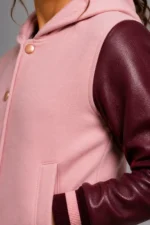 Shop Blossom Pink Burgundy Leather Hooded Womens Varsity Jacket Rib