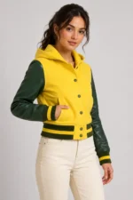 Butter Yellow Forest Green Leather Hooded Womens Varsity Jacket - Image 5