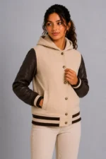 Shop Camel Chocolate Leather Hooded Womens Varsity Jacket Camel Rib