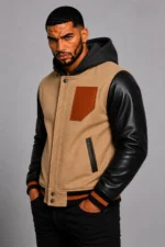 Shop Camel Hooded Varsity Jacket Black Leather Sleeves Brown Chest