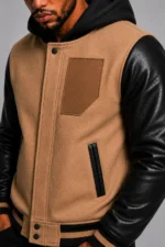 Shop Camel Hooded Varsity Jacket Black Leather Sleeves Camel Patch
