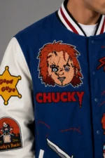 Shop Chucky Exclusive Blue Wool Varsity Jacket Graphic Back Patches