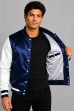 Shop Cobalt Blue White Satin Varsity Jacket Mens Navy Satin Lining
