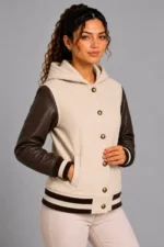 Shop Cream Chocolate Leather Hooded Womens Varsity Jacket Black Rib