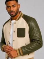 Shop Cream Olive Leather Sleeve Varsity Jacket For Sale
