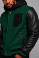 Shop Dark Green Hooded Varsity Jacket Black Leather Sleeves