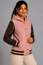 Shop Dusty Pink Chocolate Leather Hooded Womens Varsity Jacket Rib