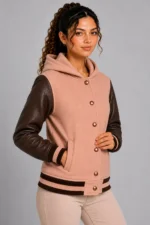 Shop Dusty Rose Chocolate Leather Hooded Womens Varsity Jacket Rib