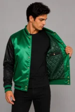 Shop Emerald Green Black Satin Varsity Jacket Mens Forest Lining