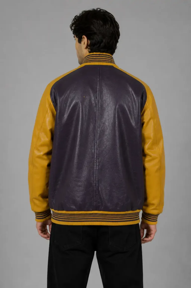 Shop Exclusive Grey Leather Varsity Jacket Gold Sleeves Peace Patch