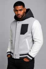 Shop Grey Hooded Varsity Jacket Black Leather Sleeves Black Chest Patch
