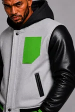 Shop Grey Hooded Varsity Jacket Black Leather Sleeves Green Patch Hood
