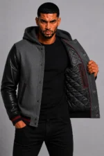 Shop Grey Hooded Varsity Jacket Black Leather Sleeves Maroon Patch
