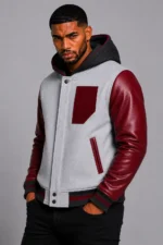 Shop Grey Hooded Varsity Jacket Maroon Leather Sleeves Maroon Patch