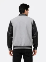 Shop Grey Wool Black Leather Sleeve Varsity Jacket White Ribbing