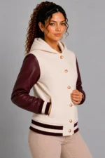 Shop Ivory Burgundy Leather Hooded Womens Varsity Jacket Rose Gold