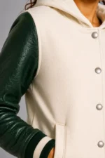 Shop Ivory Forest Green Leather Hooded Womens Varsity Jacket Black Rib