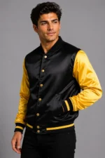Shop Jet Black Gold Satin Varsity Jacket Mens Red Satin Lining Inside