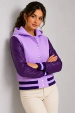 Shop Lavender Plum Leather Hooded Womens Varsity Jacket Deep Violet