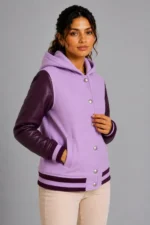 Shop Lavender Plum Leather Hooded Womens Varsity Jacket Purple Rib