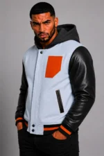 Shop Light Blue Hooded Varsity Jacket Black Leather Orange Chest Patch