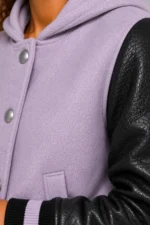 Shop Lilac Black Leather Hooded Womens Varsity Jacket Lilac Black Rib