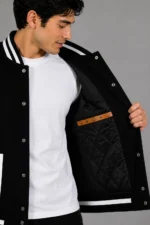 Shop MCM Exclusive Black Varsity Jacket Cognac Leather Eagle Chenille