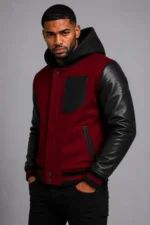 Shop Maroon Hooded Varsity Jacket Black Leather Sleeves Black Patch
