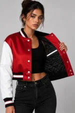 Shop Midnight Avenue Embroidered Cropped Varsity Jacket Women Cherry Red Satin