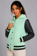 Shop Mint Chocolate Leather Hooded Womens Varsity Jacket Forest Rib