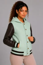 Shop Mint Green Chocolate Leather Hooded Womens Varsity Jacket Rib