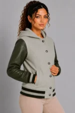 Shop Mist Gray Olive Leather Hooded Womens Varsity Jacket Sage Rib