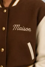 Shop Mocha Maison Embroidered Cropped Varsity Jacket Women Brown Cream Leather