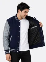 Shop Navy Grey Sleeve Varsity Jacket Navy Grey Striped Ribbing