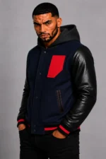 Shop Navy Hooded Varsity Jacket Black Leather Sleeves Red Chest Patch