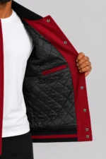 Shop Navy Red Split Varsity Jacket Leather Sleeves Black Ribbing