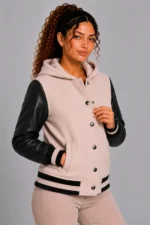 Shop Pale Blush Black Leather Hooded Womens Varsity Jacket Blush Rib