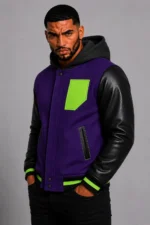 Shop Purple Hooded Varsity Jacket Black Leather Neon Green Chest Patch