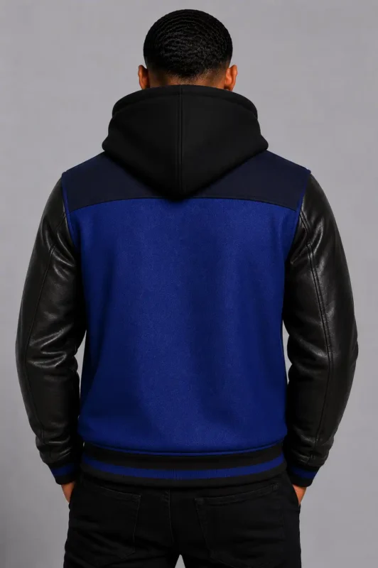 Shop Royal Blue Hooded Varsity Jacket Black Leather Sleeves Blue Patch