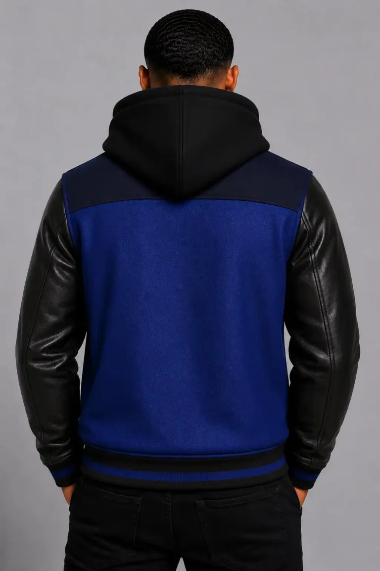 Shop Royal Blue Hooded Varsity Jacket Black Leather Sleeves Blue Patch
