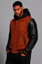 Shop Rust Wool Hooded Varsity Jacket Black Leather Sleeves Brown Ribbing