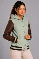 Shop Sage Green Chocolate Leather Hooded Womens Varsity Jacket Bronze