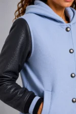 Shop Sky Blue Charcoal Leather Hooded Womens Varsity Jacket Navy Rib