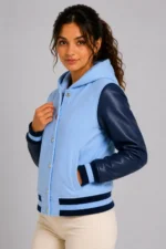 Shop Sky Blue Navy Leather Hooded Womens Varsity Jacket Blue Rib
