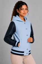 Shop Sky Blue Navy Leather Hooded Womens Varsity Jacket White Rib