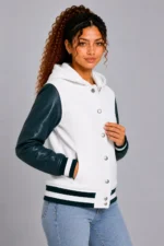 Shop Snow White Dark Teal Leather Hooded Womens Varsity Jacket Rib