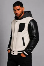 Shop White Hooded Varsity Jacket Black Leather Sleeves Black Patch