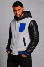 Shop White Hooded Varsity Jacket Black Leather Sleeves Blue Patch Hood
